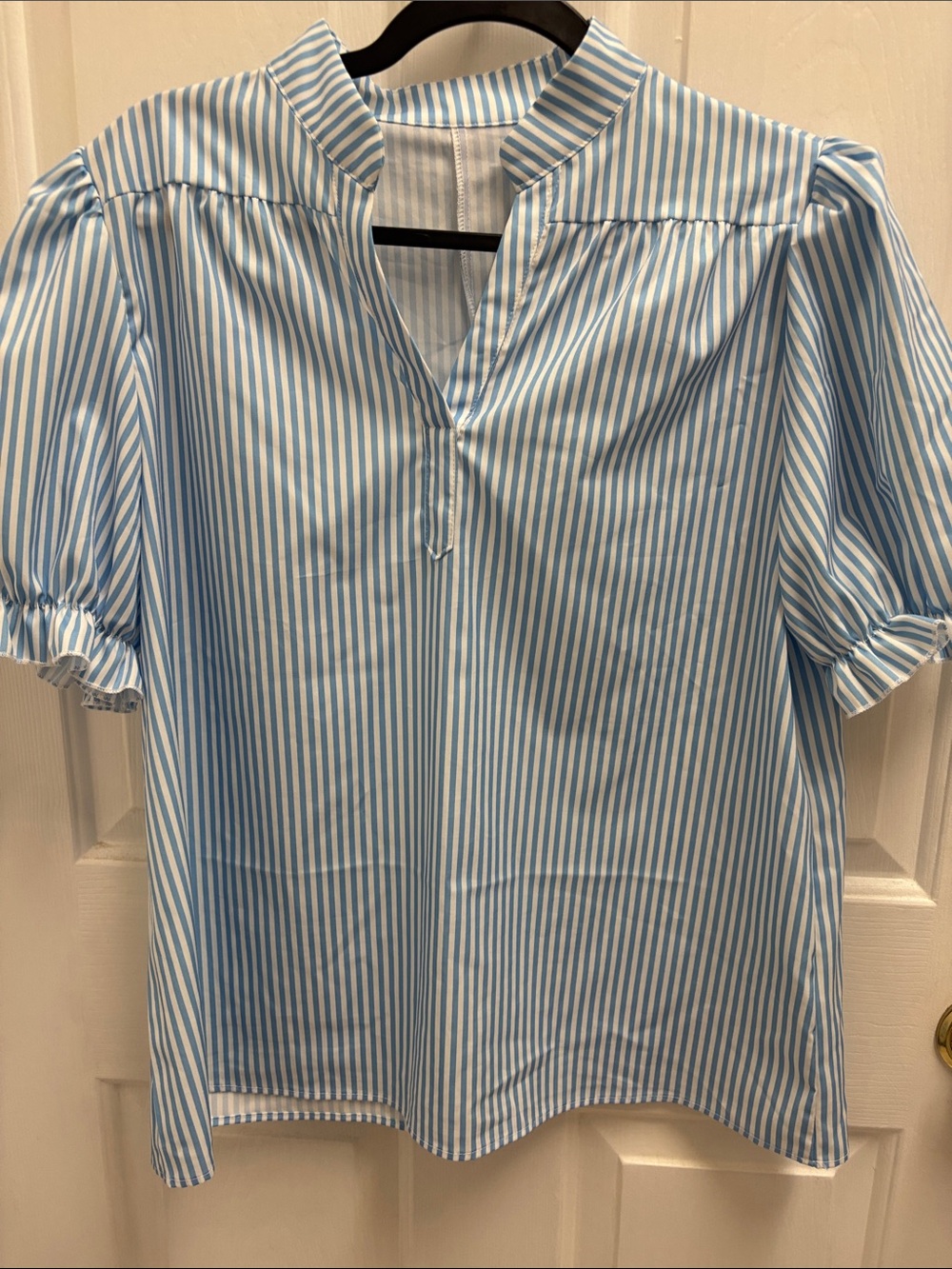 Light Blue and White Striped Short Sleeve Blouse